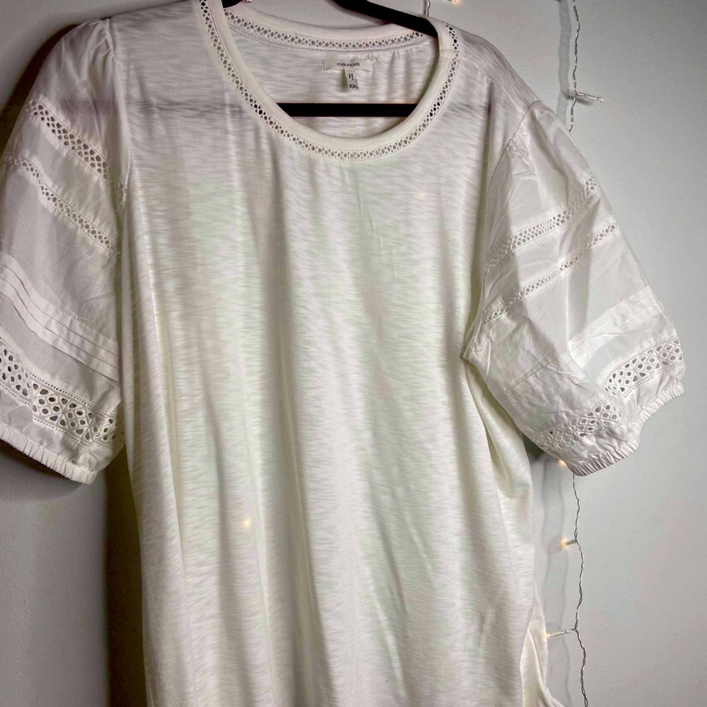 3 FOR $15 - Eyelet Sleeve White Tee High Neck